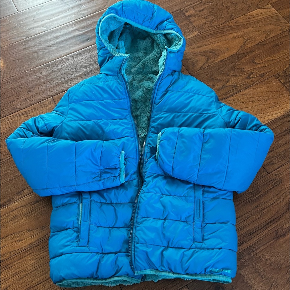 Lands End Youth XL (14-16) Reversible Thermoplume Fleece Jacket Blue Girls